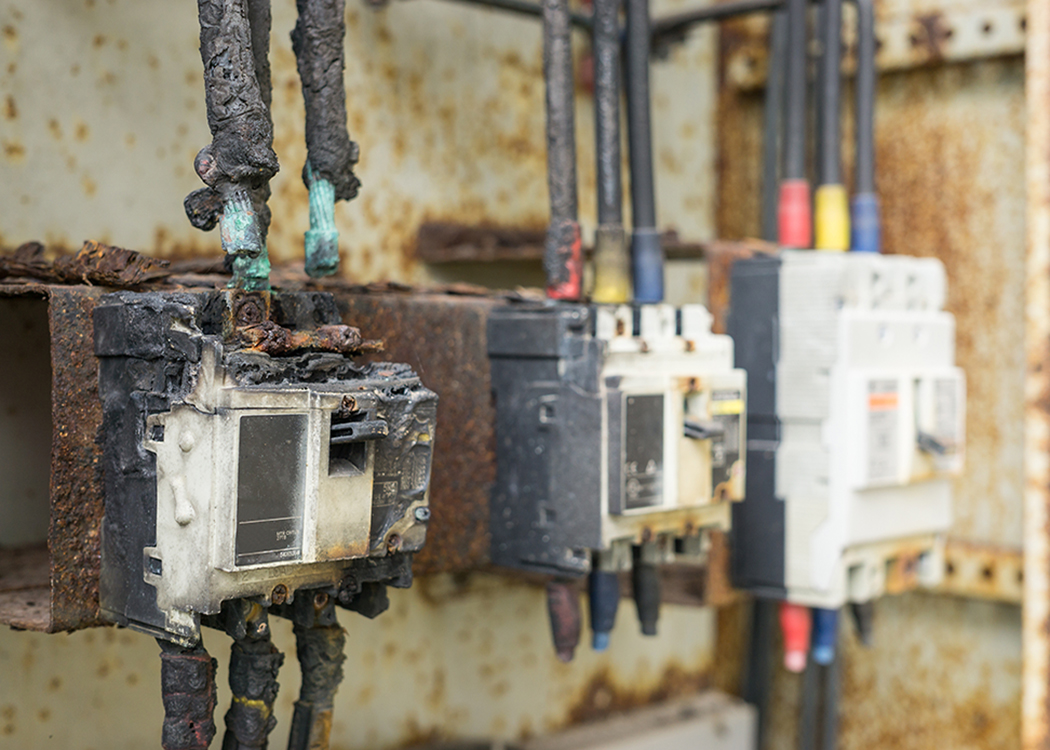 A group of electrical circuit breakers on a wall.